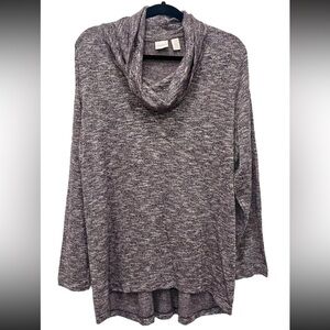 Women’s Chico's Size 3 Sweater Cowl Neck Gold Sparkle Purple Gray Tunic Knit